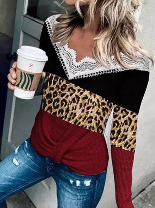 Women's T-Shirts Lace V-Neck Contrast Twisted Long Sleeve T-Shirt - T-Shirts - Instastyled | Online Fashion Free Shipping Clothing, Dresses, Tops, Shoes - 06/12/2021 - 20-30 - color-black