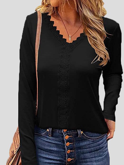 Women's T-Shirts Lace V-Neck Long Sleeve T-Shirt - T-Shirts - INS | Online Fashion Free Shipping Clothing, Dresses, Tops, Shoes - 10/11/2021 - 20-30 - color-bean_paste