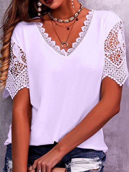 Women's T-Shirts Lace V-Neck Short Sleeve T-Shirt - T-Shirts - Instastyled | Online Fashion Free Shipping Clothing, Dresses, Tops, Shoes - 13/05/2022 - 20-30 - color-blue