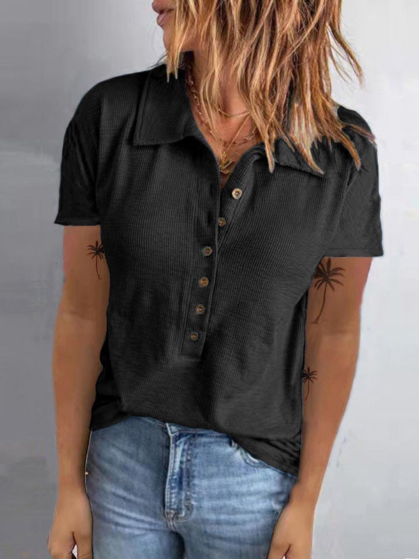 Women's T-Shirts Lapel Button Short Sleeve T-Shirt - T-Shirts - Instastyled | Online Fashion Free Shipping Clothing, Dresses, Tops, Shoes - 05/01/2022 - 20-30 - color-black