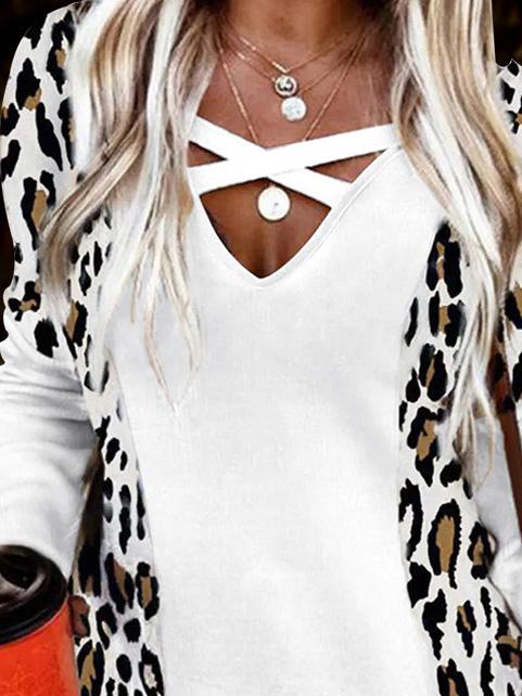 Women's T-Shirts Leopard Print V-Neck Cross Long Sleeve T-Shirt - T-Shirts - Instastyled | Online Fashion Free Shipping Clothing, Dresses, Tops, Shoes - 15/12/2021 - 30-40 - color-white