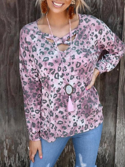 Women's T-Shirts Leopard Print V-Neck Long Sleeve T-Shirt - T-Shirts - INS | Online Fashion Free Shipping Clothing, Dresses, Tops, Shoes - 09/10/2021 - 20-30 - color-coffee