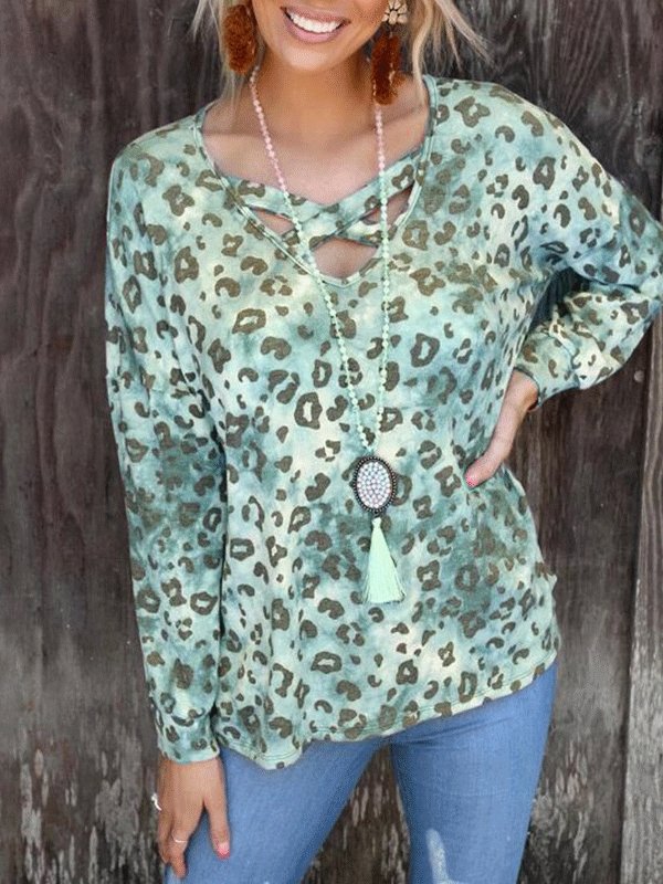 Women's T-Shirts Leopard Print V-Neck Long Sleeve T-Shirt - T-Shirts - INS | Online Fashion Free Shipping Clothing, Dresses, Tops, Shoes - 09/10/2021 - 20-30 - color-coffee