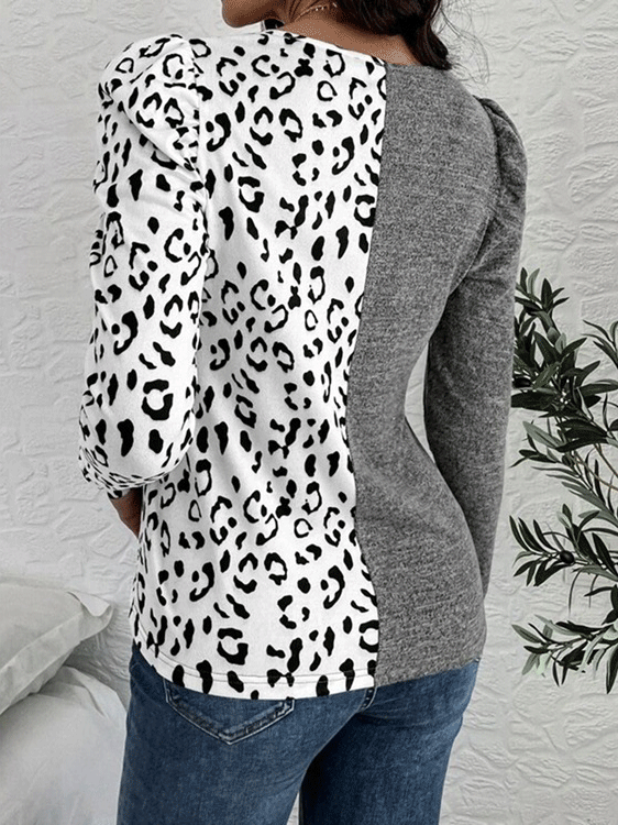 Women's T-Shirts Leopard Stitching V-Neck Bubble Long Sleeves T-Shirt - MsDressly