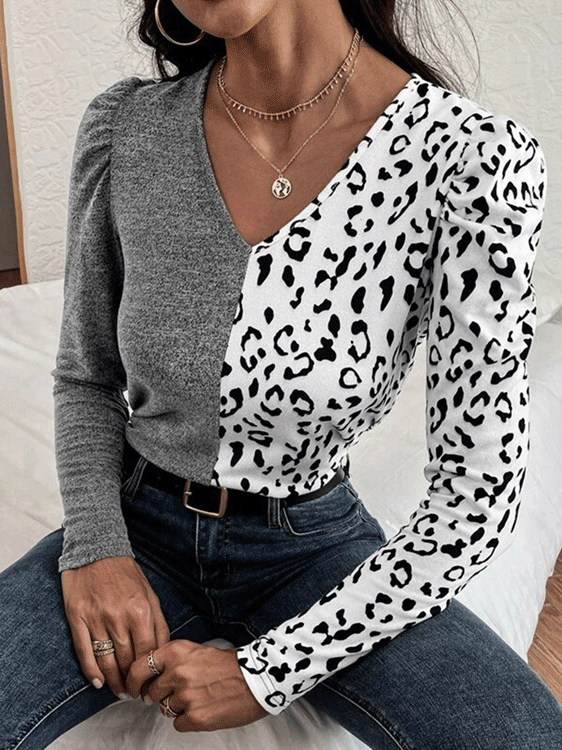 Women's T-Shirts Leopard Stitching V-Neck Bubble Long Sleeves T-Shirt - MsDressly