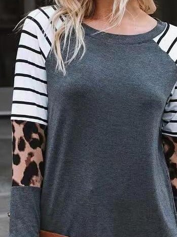 Women's T-Shirts Leopard Stripe Panel Long Sleeve Casual T-Shirt - T-Shirts - Instastyled | Online Fashion Free Shipping Clothing, Dresses, Tops, Shoes - 20-30 - 27/08/2022 - color-gray