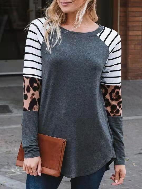 Women's T-Shirts Leopard Stripe Panel Long Sleeve Casual T-Shirt - T-Shirts - Instastyled | Online Fashion Free Shipping Clothing, Dresses, Tops, Shoes - 20-30 - 27/08/2022 - color-gray