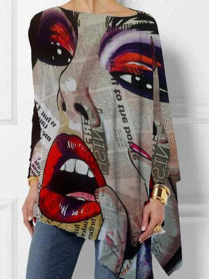 Women's T-Shirts Lip Print Round Neck Pullover Long Sleeve T-Shirt - MsDressly