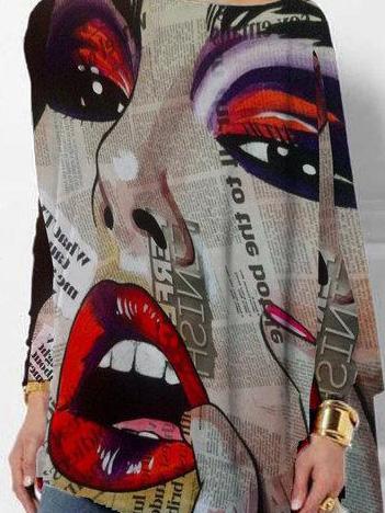Women's T-Shirts Lip Print Round Neck Pullover Long Sleeve T-Shirt - MsDressly