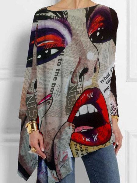 Women's T-Shirts Lip Print Round Neck Pullover Long Sleeve T-Shirt - MsDressly