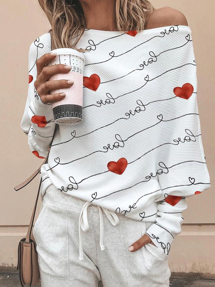 Women's T-Shirts Long Sleeve Heart Print Off Shoulder Commuter Pullover T-Shirt - T-Shirts - INS | Online Fashion Free Shipping Clothing, Dresses, Tops, Shoes - 20-30 - 30/08/2021 - Category_T-Shirts