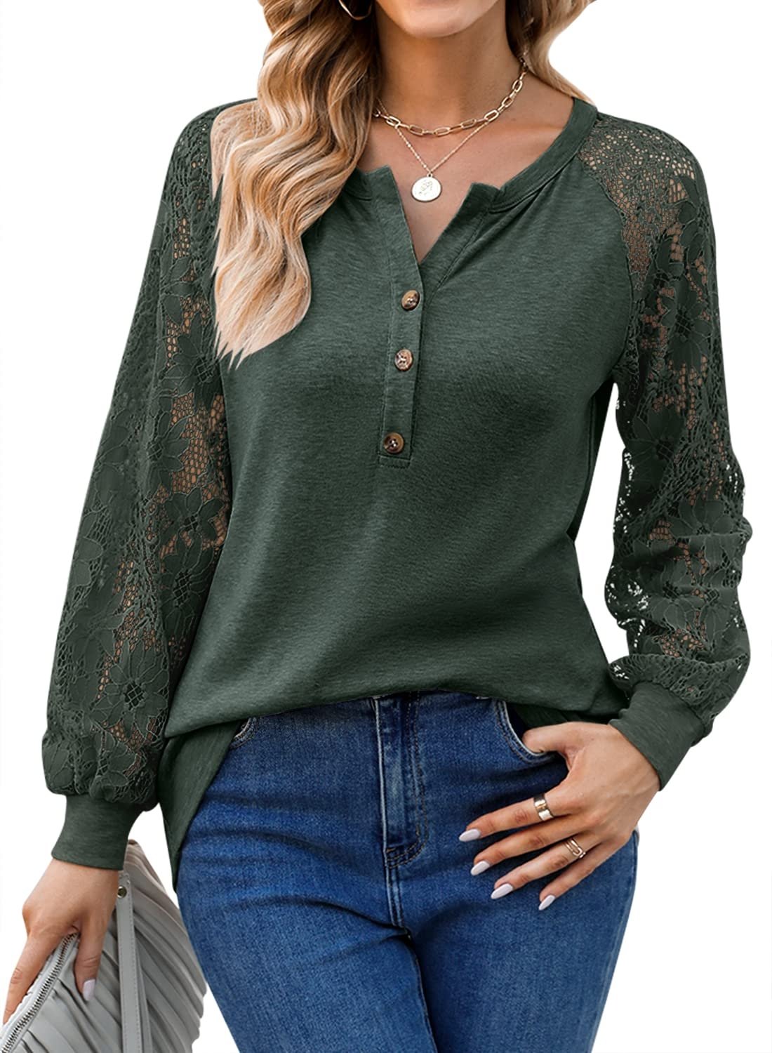Women’s T-Shirts Long Sleeve Lace V Neck Button Loose T-Shirt - MsDressly