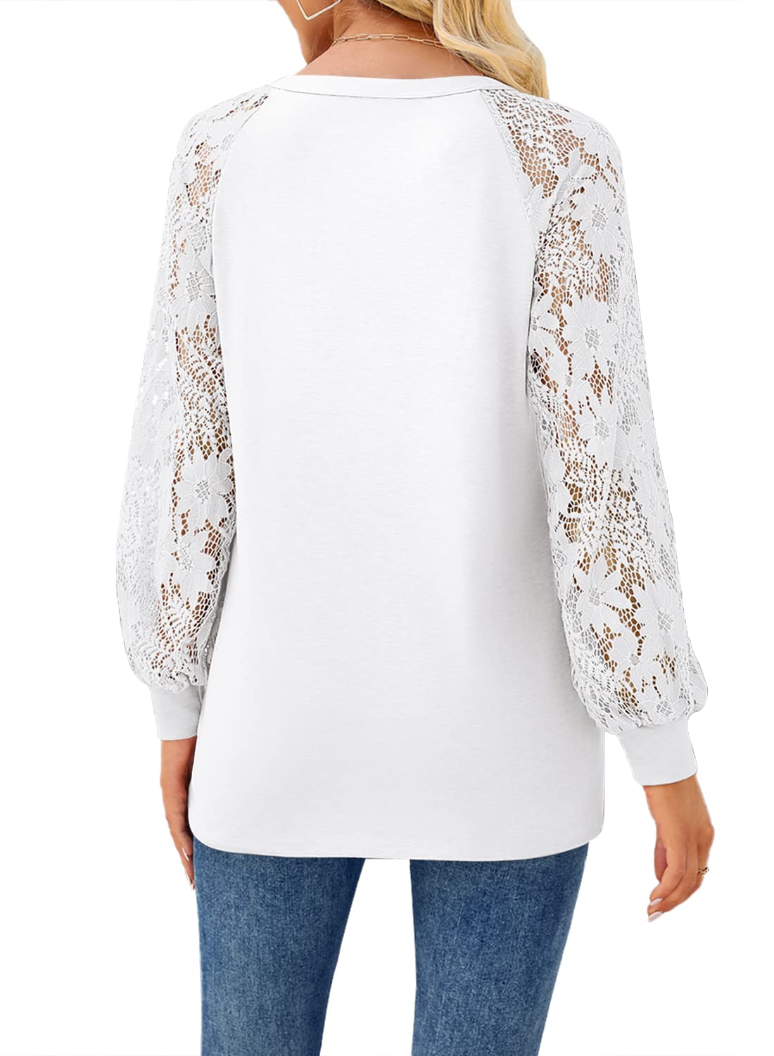 Women’s T-Shirts Long Sleeve Lace V Neck Button Loose T-Shirt - MsDressly