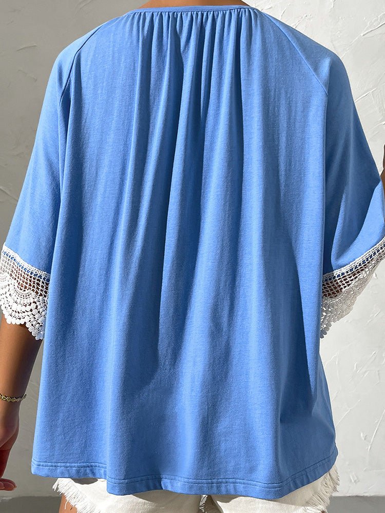 Women's T-Shirts Loose Round Neck Lace Short Sleeve T-Shirt - T-Shirts - Instastyled | Online Fashion Free Shipping Clothing, Dresses, Tops, Shoes - 30-40 - 30/05/2022 - color-blue