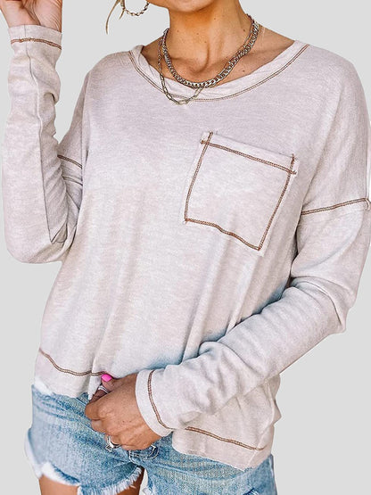 Women's T-Shirts Loose Round Neck Pocket Long Sleeve T-Shirt - T-Shirts - INS | Online Fashion Free Shipping Clothing, Dresses, Tops, Shoes - 06/09/2021 - 20-30 - Category_T-Shirts