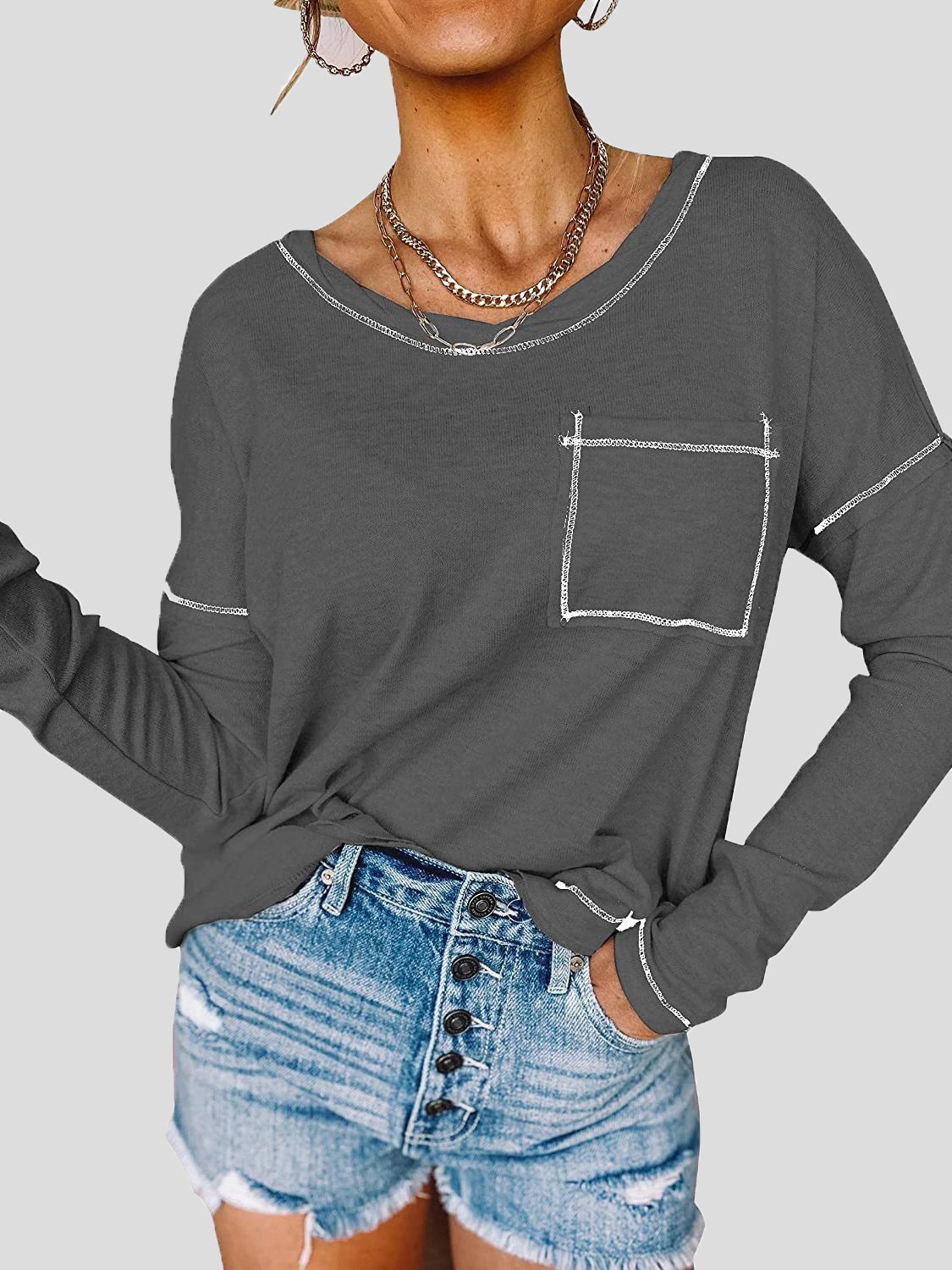 Women's T-Shirts Loose Round Neck Pocket Long Sleeve T-Shirt - T-Shirts - INS | Online Fashion Free Shipping Clothing, Dresses, Tops, Shoes - 06/09/2021 - 20-30 - Category_T-Shirts