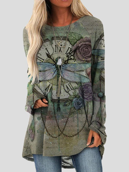Women's T-Shirts Loose Round Neck Retro Dragonfly Print Long Sleeve T-Shirts - T-Shirts - INS | Online Fashion Free Shipping Clothing, Dresses, Tops, Shoes - 10-20 - 10/09/2021 - Category_T-Shirts