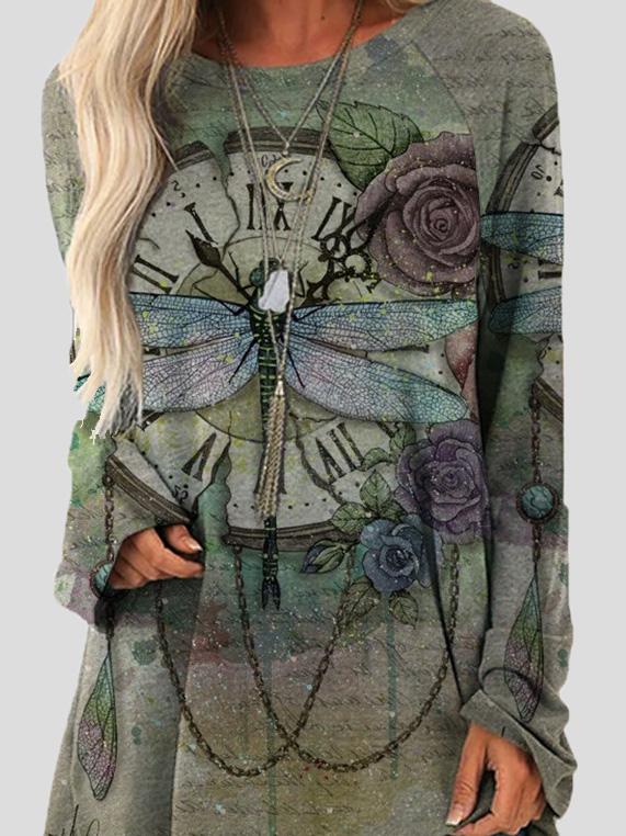 Women's T-Shirts Loose Round Neck Retro Dragonfly Print Long Sleeve T-Shirts - T-Shirts - INS | Online Fashion Free Shipping Clothing, Dresses, Tops, Shoes - 10-20 - 10/09/2021 - Category_T-Shirts