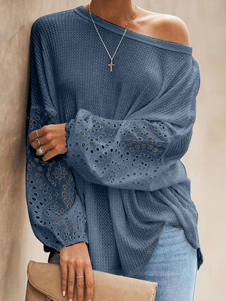 Women's T-Shirts Loose Slant Collar Hollow Long Sleeve Off Shoulder T-Shirt - T-Shirts - INS | Online Fashion Free Shipping Clothing, Dresses, Tops, Shoes - 20-30 - 20/08/2021 - Category_T-Shirts