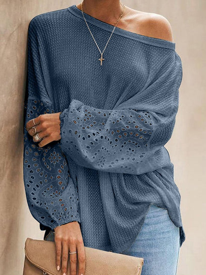 Women's T-Shirts Loose Slant Collar Hollow Long Sleeve Off Shoulder T-Shirt - T-Shirts - INS | Online Fashion Free Shipping Clothing, Dresses, Tops, Shoes - 20-30 - 20/08/2021 - Category_T-Shirts