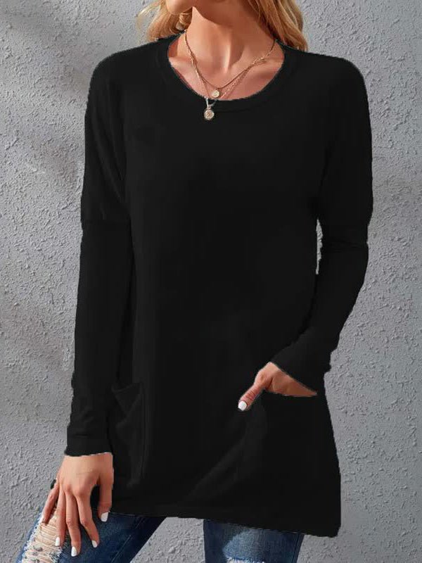 Women's T-Shirts Loose Solid Round Neck Pocket Long Sleeve T-Shirt - T-Shirts - Instastyled | Online Fashion Free Shipping Clothing, Dresses, Tops, Shoes - 12/10/2022 - Color_Black - Color_Blue