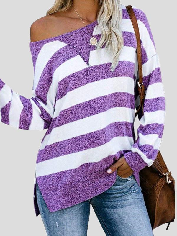 Women's T-Shirts Loose Striped Long Sleeve Split T-Shirt - T-Shirts - INS | Online Fashion Free Shipping Clothing, Dresses, Tops, Shoes - 15/11/2021 - Color_Gray - Color_Green