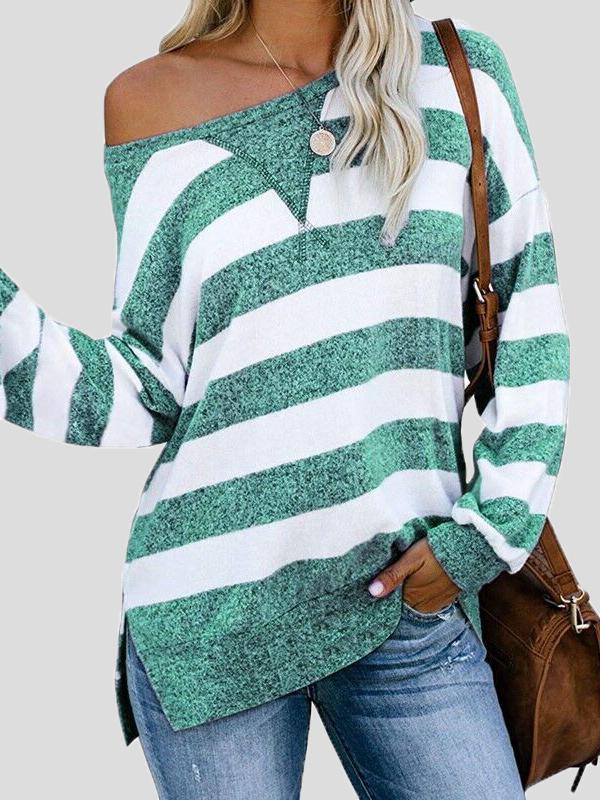 Women's T-Shirts Loose Striped Long Sleeve Split T-Shirt - T-Shirts - INS | Online Fashion Free Shipping Clothing, Dresses, Tops, Shoes - 15/11/2021 - Color_Gray - Color_Green