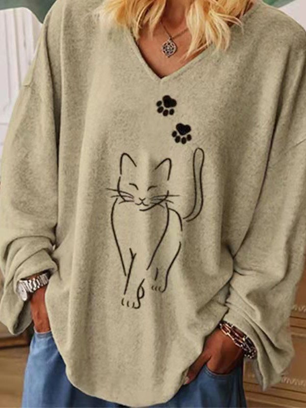 Women's T-Shirts Loose V-Neck Cat Print Long Sleeve T-Shirt - T-Shirts - Instastyled | Online Fashion Free Shipping Clothing, Dresses, Tops, Shoes - 06/01/2022 - 20-30 - color-multi