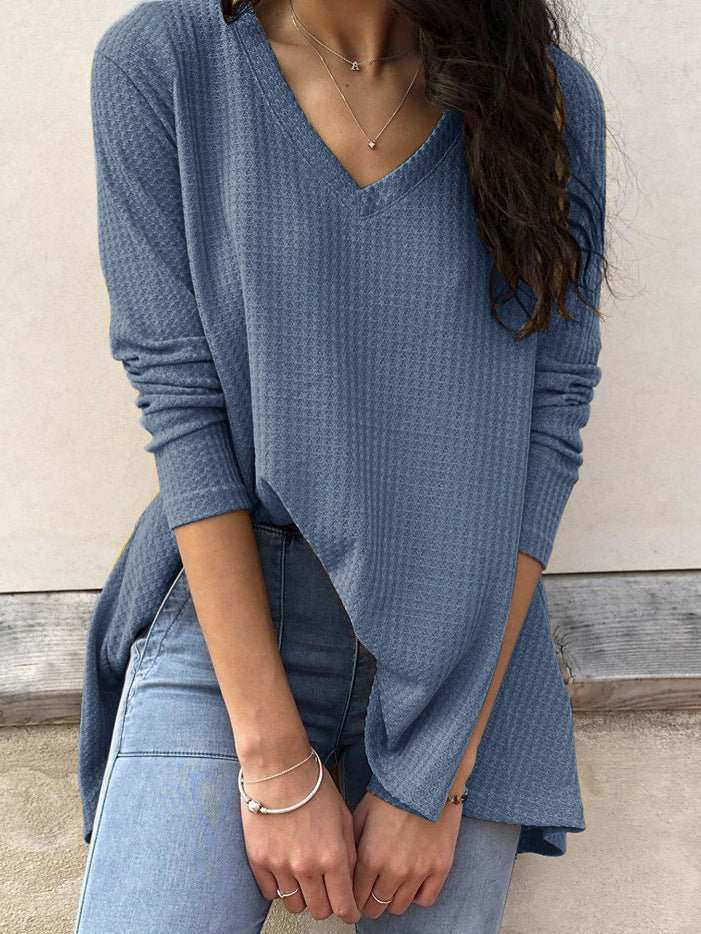 Women's T-Shirts Loose V-Neck Solid Long Sleeve T-Shirt - T-Shirts - Instastyled | Online Fashion Free Shipping Clothing, Dresses, Tops, Shoes - 20-30 - 220516A220716 - 30/09/2021