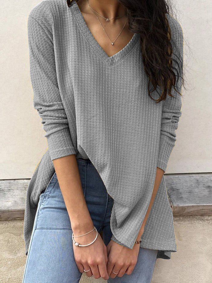 Women's T-Shirts Loose V-Neck Solid Long Sleeve T-Shirt - T-Shirts - Instastyled | Online Fashion Free Shipping Clothing, Dresses, Tops, Shoes - 20-30 - 220516A220716 - 30/09/2021