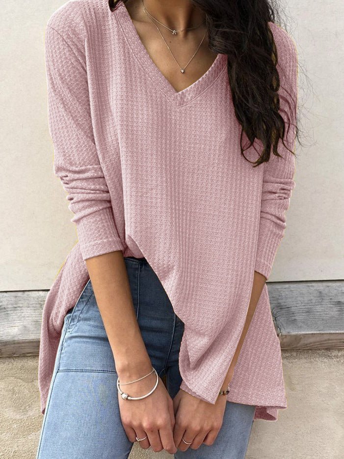 Women's T-Shirts Loose V-Neck Solid Long Sleeve T-Shirt - T-Shirts - Instastyled | Online Fashion Free Shipping Clothing, Dresses, Tops, Shoes - 20-30 - 220516A220716 - 30/09/2021