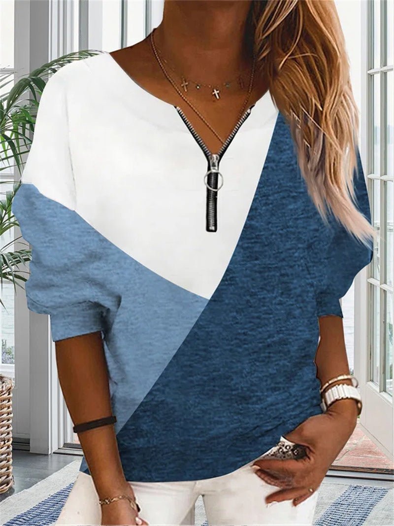 Women's T-Shirts Loose V-Neck Zippered Long Sleeve T-Shirt - T-Shirts - Instastyled | Online Fashion Free Shipping Clothing, Dresses, Tops, Shoes - 26/08/2022 - 30-40 - color-blue