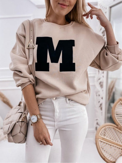 Women's T-Shirts M Letter Round Neck Long Sleeve T-Shirt - T-Shirts - INS | Online Fashion Free Shipping Clothing, Dresses, Tops, Shoes - 05/11/2021 - 20-30 - color-camel