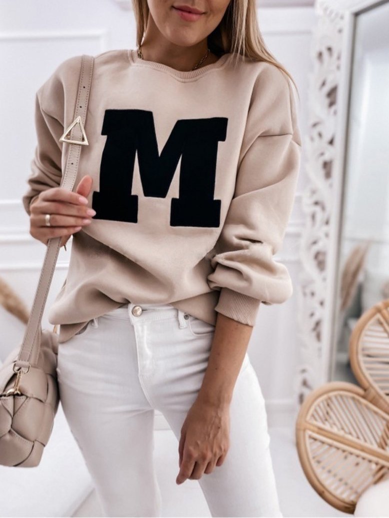 Women's T-Shirts M Letter Round Neck Long Sleeve T-Shirt - T-Shirts - INS | Online Fashion Free Shipping Clothing, Dresses, Tops, Shoes - 05/11/2021 - 20-30 - color-camel