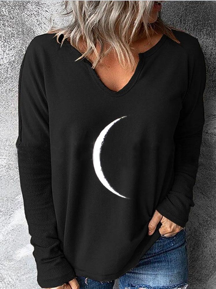 Women's T-Shirts Moon Print V-Neck Long Sleeve T-Shirt - T-Shirts - INS | Online Fashion Free Shipping Clothing, Dresses, Tops, Shoes - 08/11/2021 - 20-30 - color-black