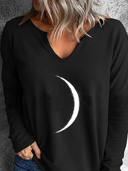 Women's T-Shirts Moon Print V-Neck Long Sleeve T-Shirt - T-Shirts - INS | Online Fashion Free Shipping Clothing, Dresses, Tops, Shoes - 08/11/2021 - 20-30 - color-black