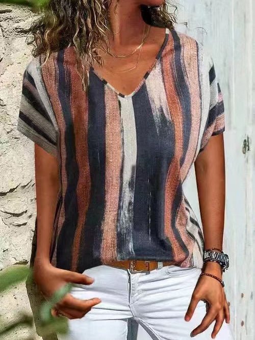 Women's T-Shirts Multicolor Striped Print V-Neck Short Sleeve T-Shirt - T-Shirts - Instastyled | Online Fashion Free Shipping Clothing, Dresses, Tops, Shoes - 11/08/2022 - 20-30 - color-multi