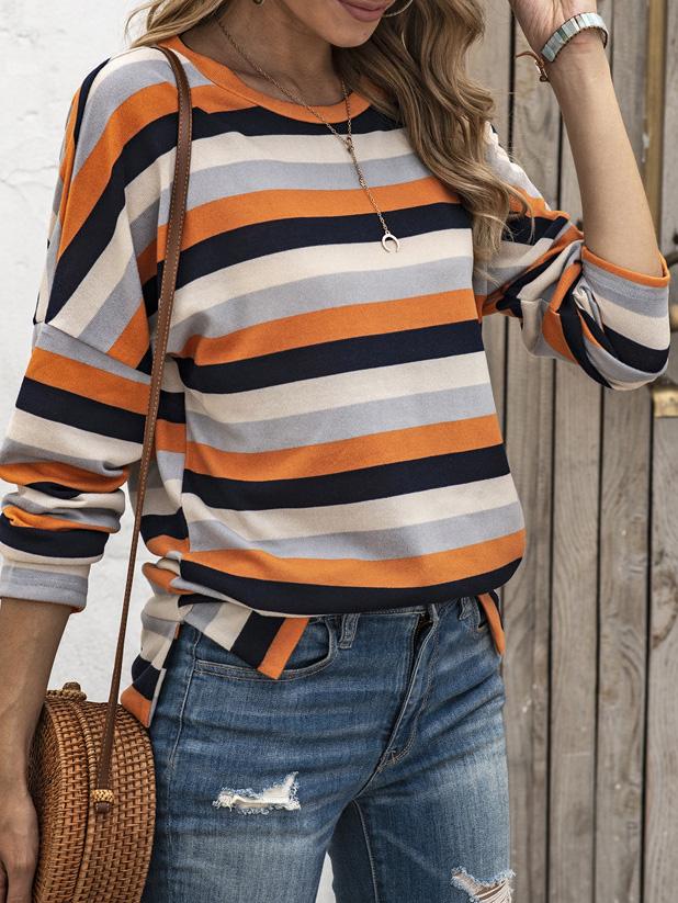 T-Shirts - Multicolor Striped Round Neck Long Sleeve T-Shirt - MsDressly