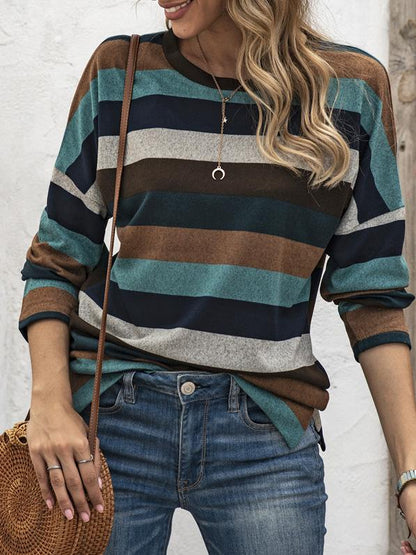 T-Shirts - Multicolor Striped Round Neck Long Sleeve T-Shirt - MsDressly