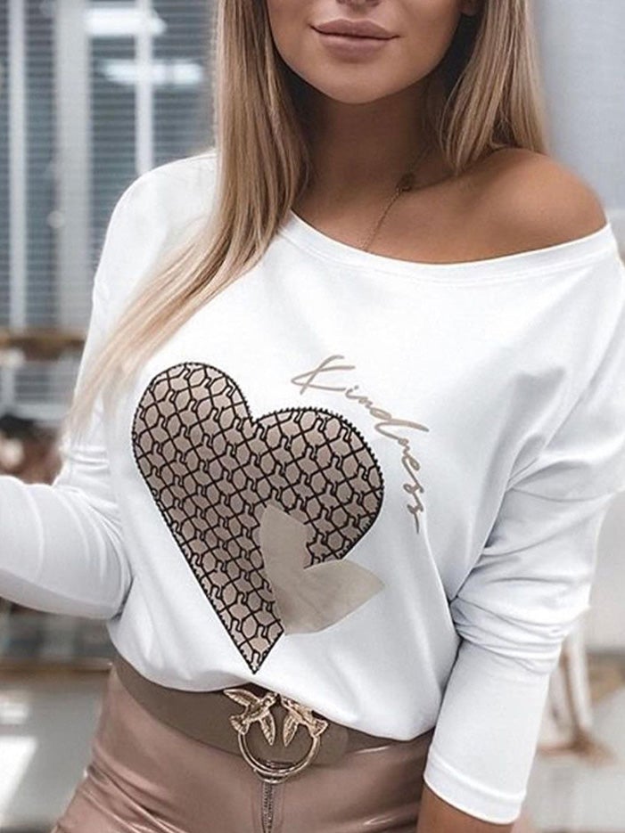 Women's T-Shirts Off Shoulder Heart Print Long Sleeve T-Shirt - T-Shirts - Instastyled | Online Fashion Free Shipping Clothing, Dresses, Tops, Shoes - 15/01/2022 - 20-30 - color-apricot