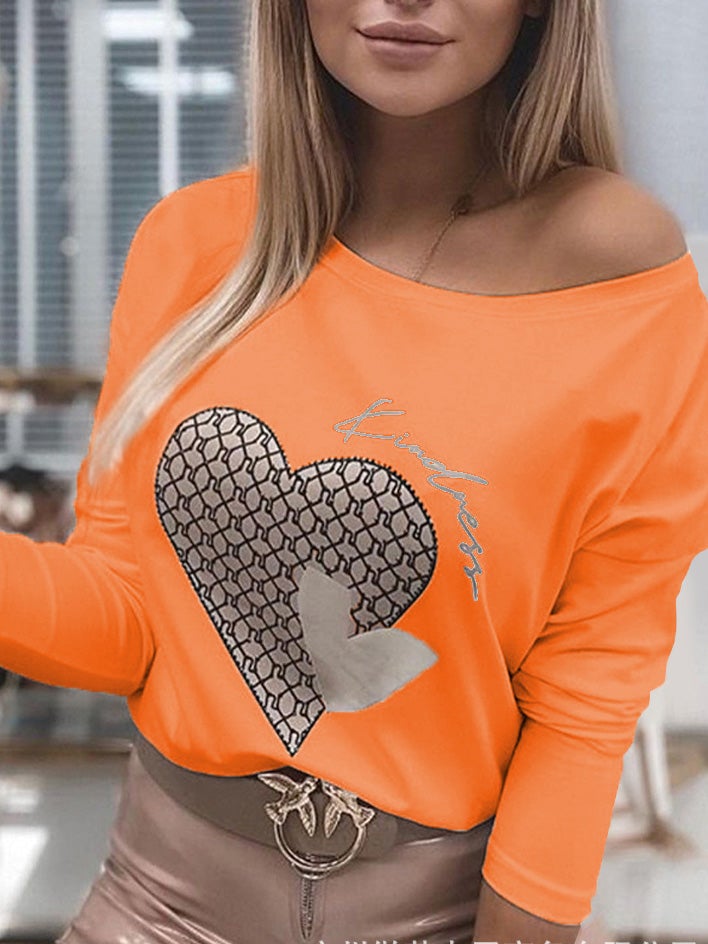 Women's T-Shirts Off Shoulder Heart Print Long Sleeve T-Shirt - T-Shirts - Instastyled | Online Fashion Free Shipping Clothing, Dresses, Tops, Shoes - 15/01/2022 - 20-30 - color-apricot