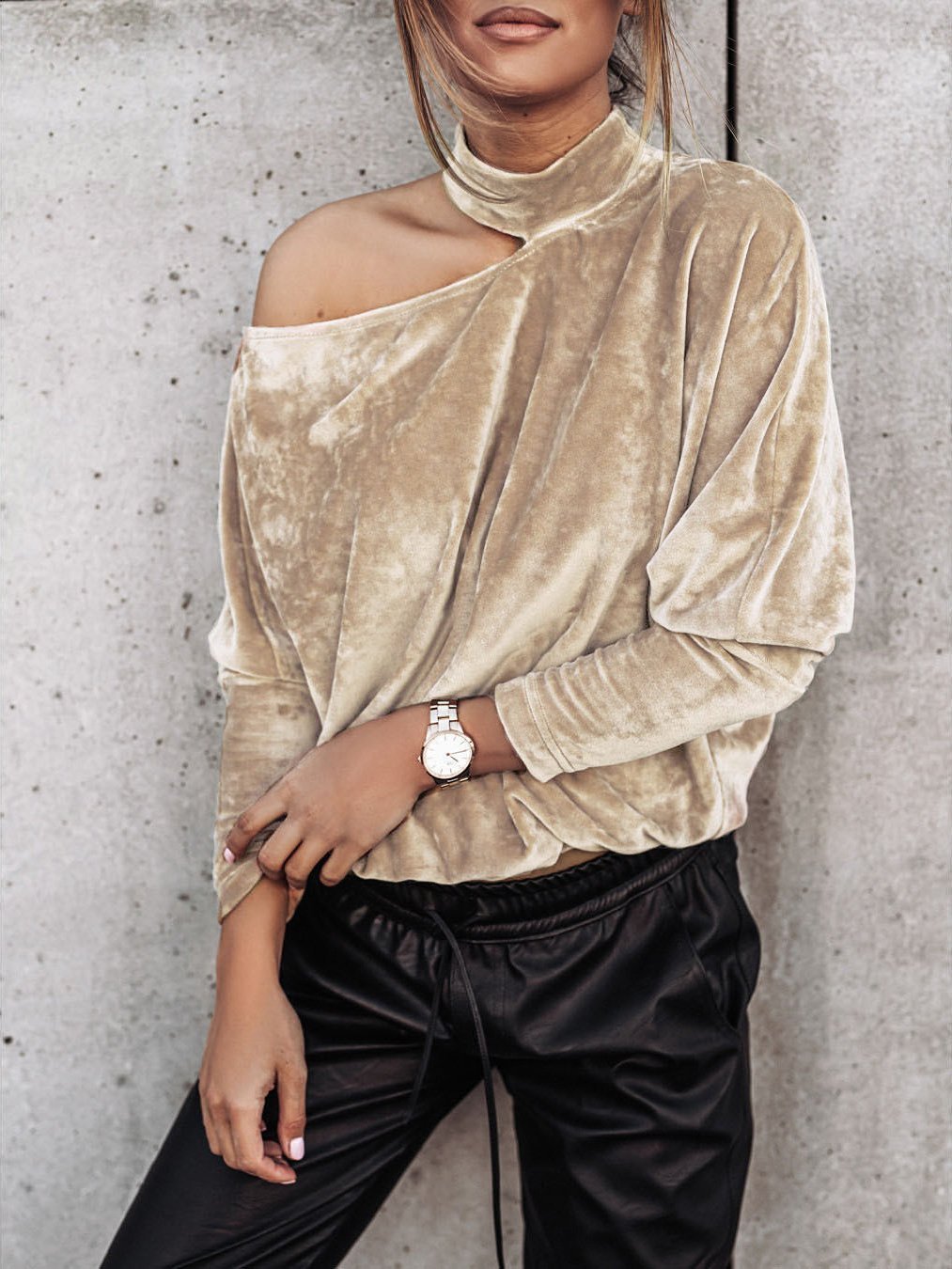Women's T-Shirts Off-Shoulder Long Sleeve Gold Velvet Solid Top - T-Shirts - INS | Online Fashion Free Shipping Clothing, Dresses, Tops, Shoes - 19/08/2021 - 30-40 - Category_T-Shirts