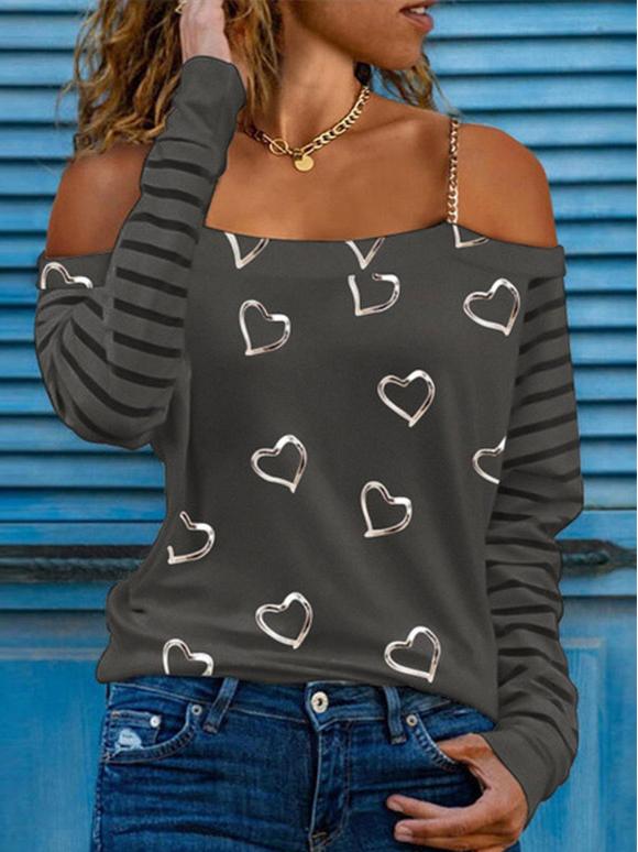 Women's T-Shirts Off-The-Shoulder Love Long Sleeve T-Shirt - T-Shirts - INS | Online Fashion Free Shipping Clothing, Dresses, Tops, Shoes - 11/10/2021 - Color_Black - Color_Blue