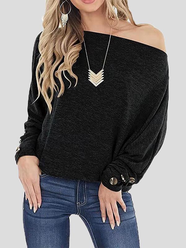 T-Shirts - Off The Shoulder Solid Button Long Sleeve T-Shirt - MsDressly