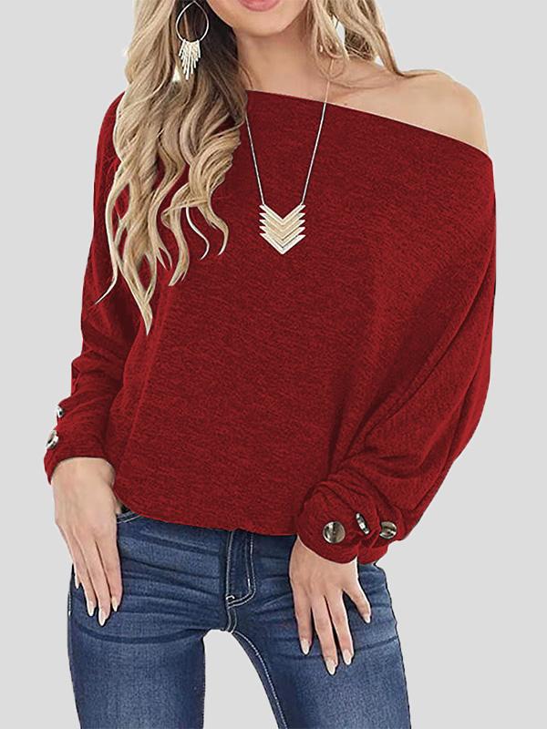 T-Shirts - Off The Shoulder Solid Button Long Sleeve T-Shirt - MsDressly