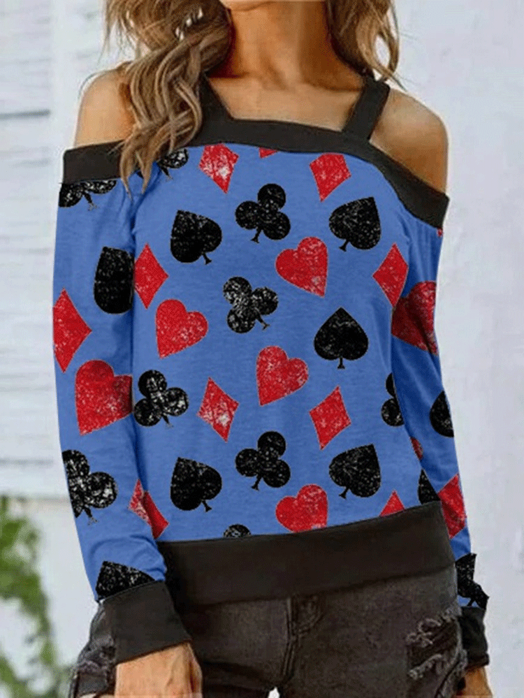 Women's T-Shirts Poker Print Off-Shoulder Long Sleeve T-Shirt - T-Shirts - INS | Online Fashion Free Shipping Clothing, Dresses, Tops, Shoes - 02/11/2021 - 20-30 - color-blue