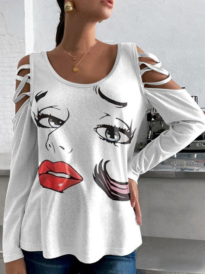 Women's T-Shirts Portrait Long Sleeve Round Neck Off Shoulder T-Shirt - T-Shirts - INS | Online Fashion Free Shipping Clothing, Dresses, Tops, Shoes - 11/10/2021 - Color_White - Season_Autumn