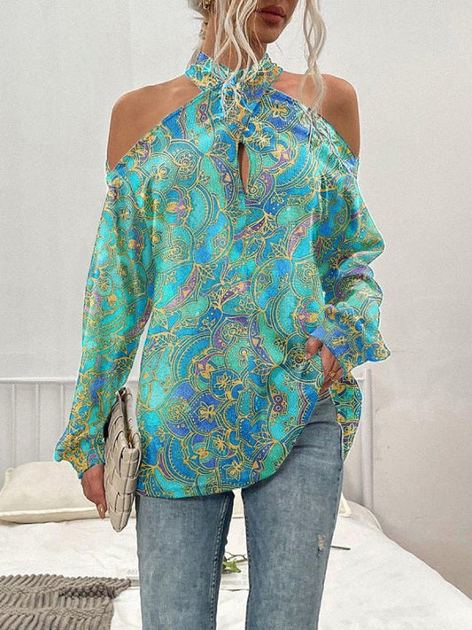 Women's T-Shirts Printed Color Matching Off Shoulder Long Sleeve T-Shirt - MsDressly