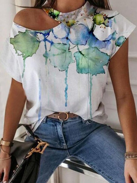 Women's T-Shirts Printed Crew Neck Off-Shoulder Short Sleeve T-Shirt - T-Shirts - Instastyled | Online Fashion Free Shipping Clothing, Dresses, Tops, Shoes - 20-30 - 23/02/2022 - color-white