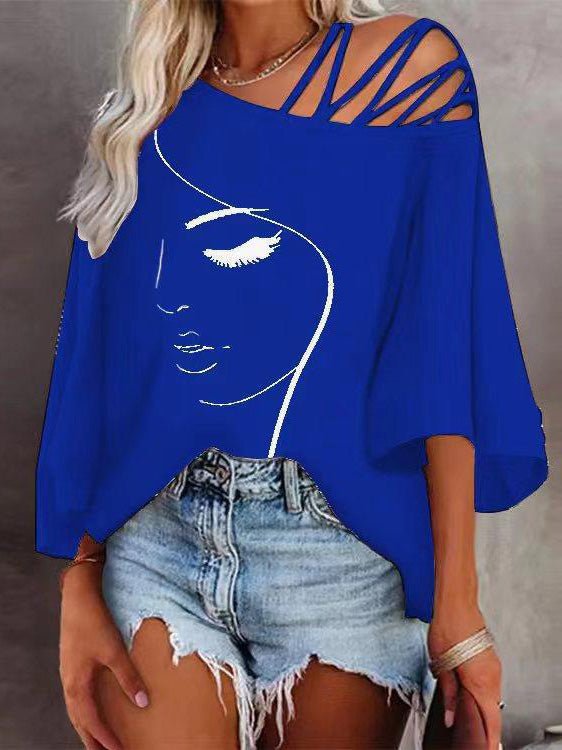 Women's T-Shirts Printed Off Shoulder 3/4 Sleeve T-Shirt - Mini Dresses - Instastyled | Online Fashion Free Shipping Clothing, Dresses, Tops, Shoes - 19/08/2022 - Color_Black - Color_Blue